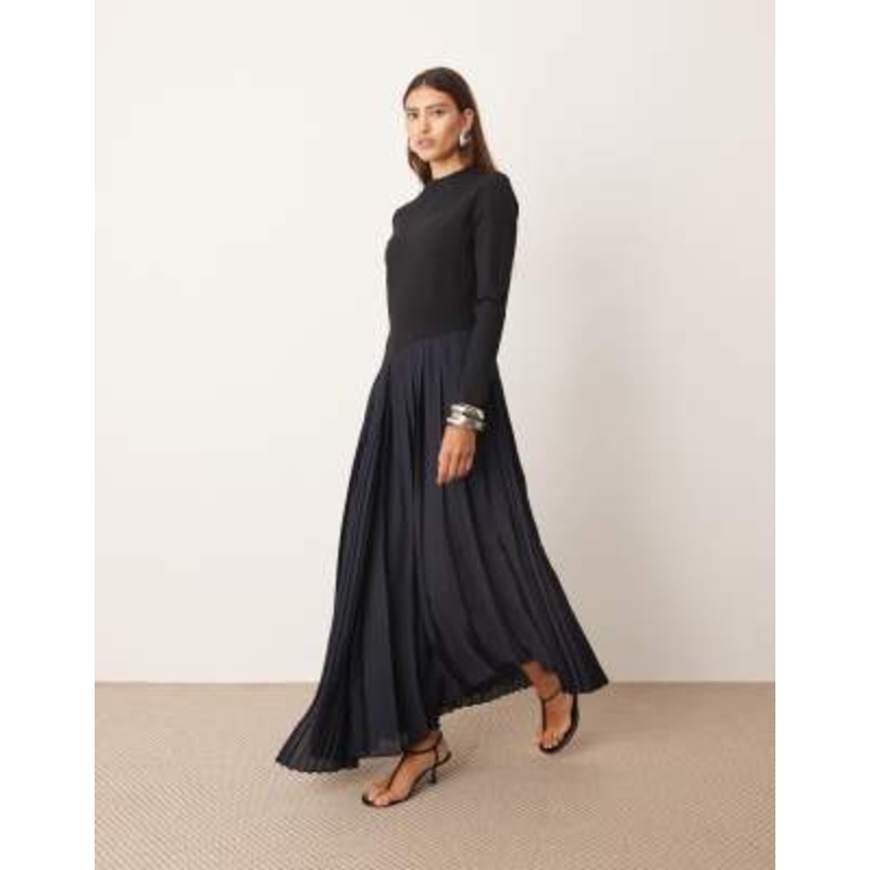 ARRANGE contrast fabric sculpted maxi dress with pleated skirt in navy/black