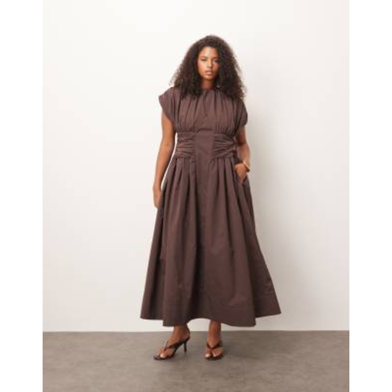 ARRANGE Curve gathered cinched full skirt maxi dress in chocolate