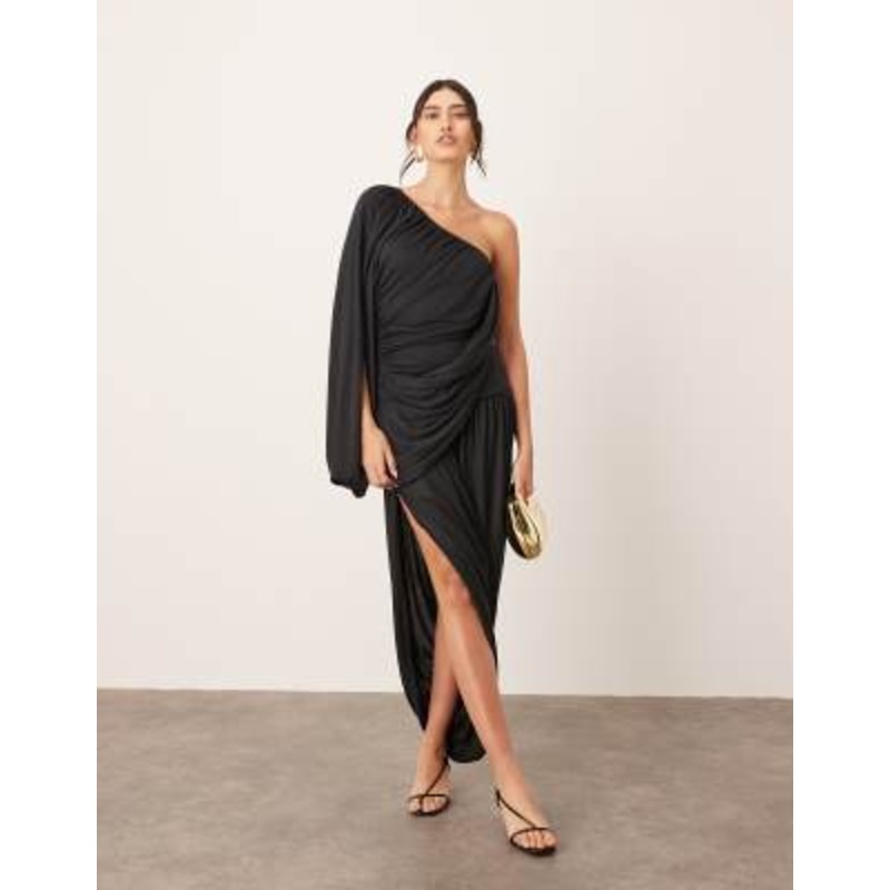 ARRANGE drape one shoulder maxi dress with tulip skirt in black