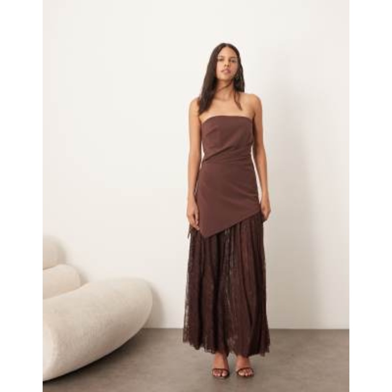 ARRANGE longline asymmetric bandeau maxi dress with lace skirt in chocolate