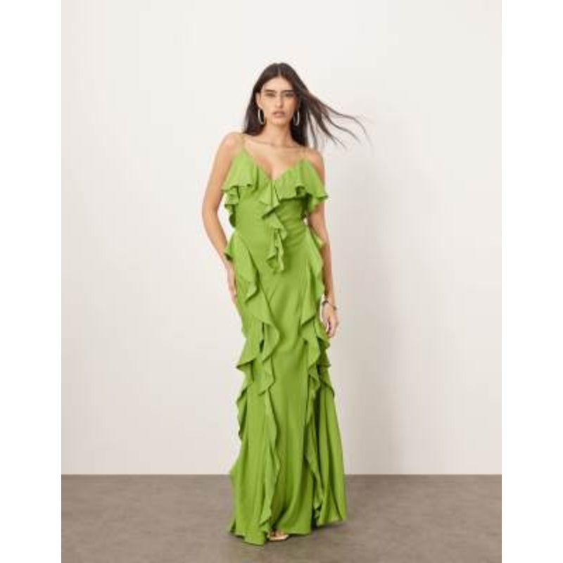 ARRANGE ruffle maxi slip dress with bias skirt in green
