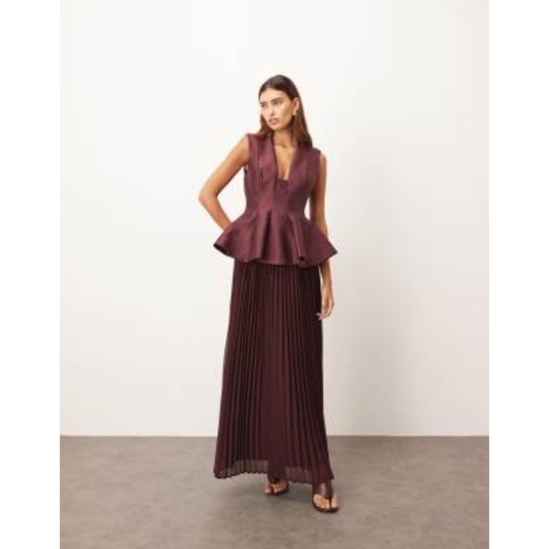 ARRANGE structured waisted maxi dress with contrast pleated skirt in plum
