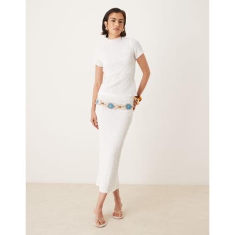 AWARE textured lettuce edge t-shirt and skirt set in white