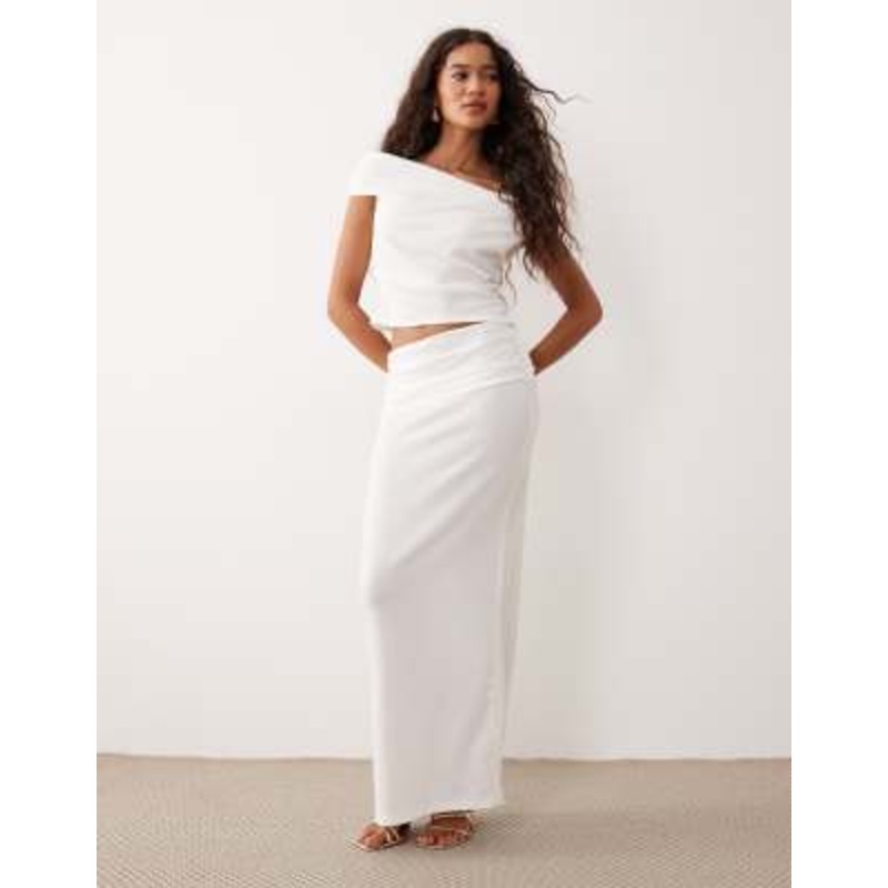 DESIGN asymmetric textured ribbed top and maxi skirt set in ivory