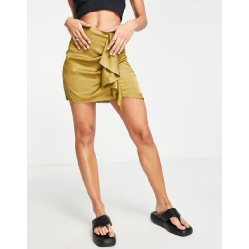 Topshop satin ruffle micro mini skirt in olive green