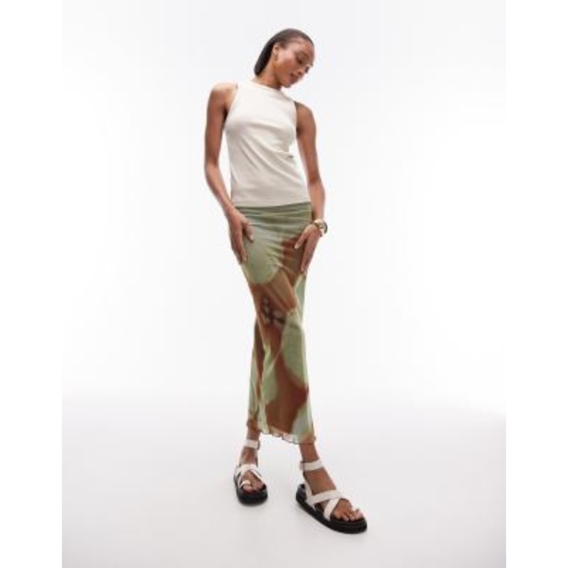 Topshop Tall placement floral print midi skirt in tan