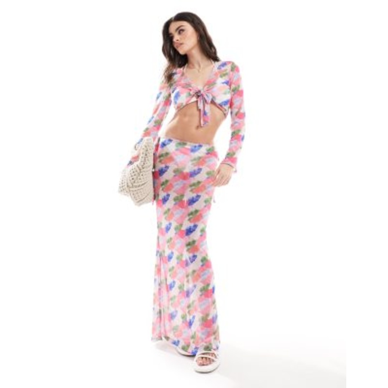 Vero Moda beach mesh maxi skirt set in blurred watercolor print
