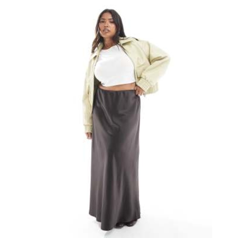 Vero Moda Curve satin bias midi skirt in chocolate