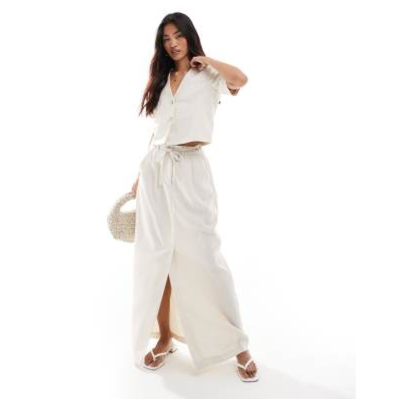 Vero Moda mix and match linen touch tie waist column maxi skirt with front split in beige