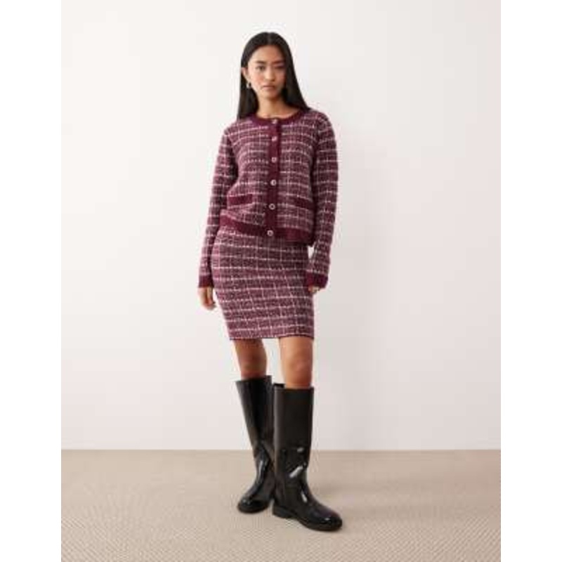 VILA boucle check knitted mini skirt in burgundy – part of a set