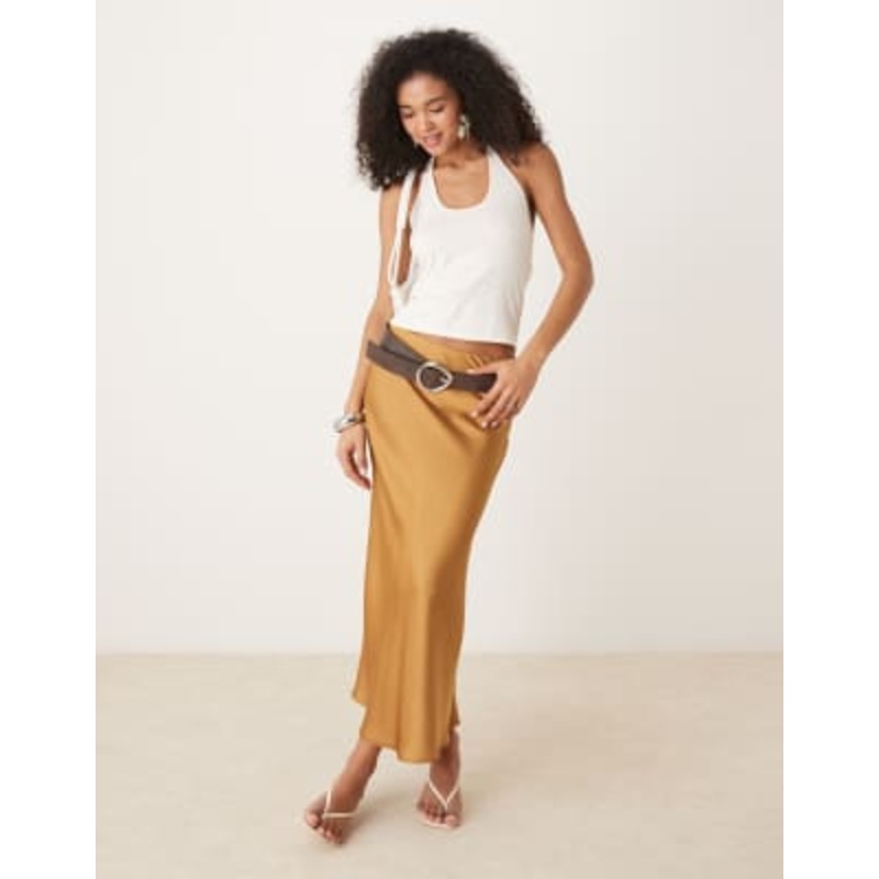 VILA satin maxi skirt in light brown