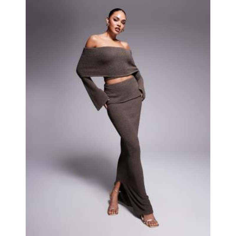 Wanderdoll Yasmin boucle knit extreme foldover top and maxi skirt set in chocolate