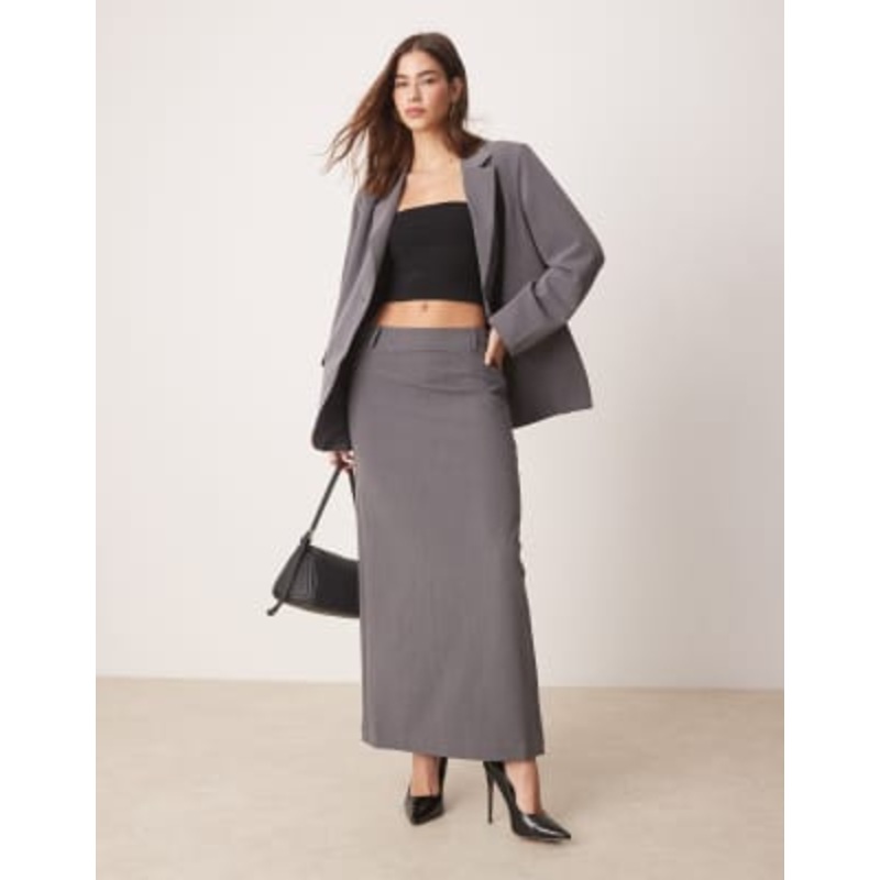 YAS oversized dad fit blazer and tailored maxi skirt set in thunderstorm gray