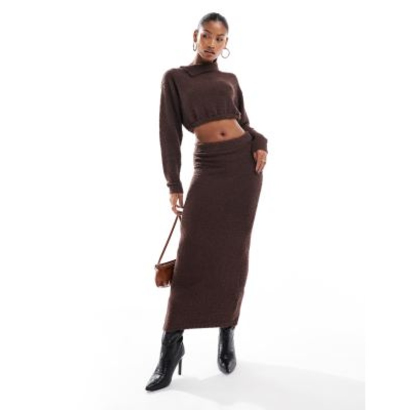 Aria Cove boucle slash neck cropped sweater and skirt set in chocolate