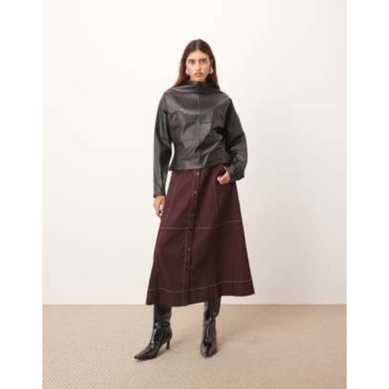 ARRANGE heavy twill full midi skirt with contrast stitching in burgundy