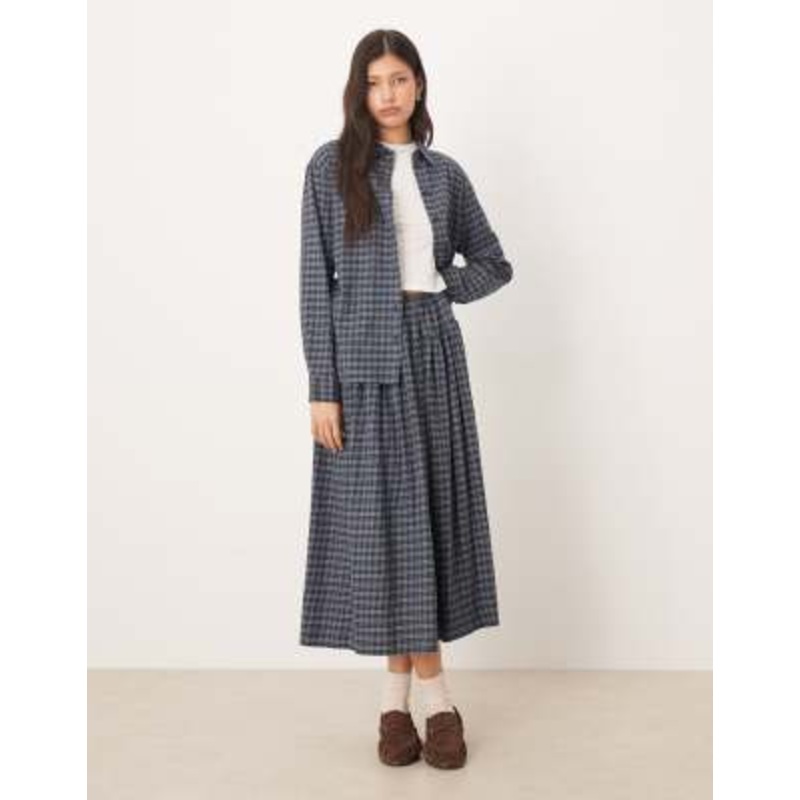 AWARE full tie waist detail skirt in blue and teal mini check print