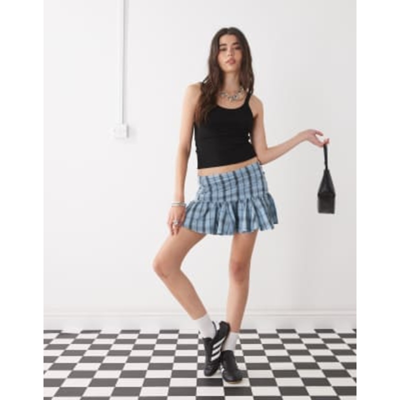 COLLUSION dropped waist plaid mini skirt in blue