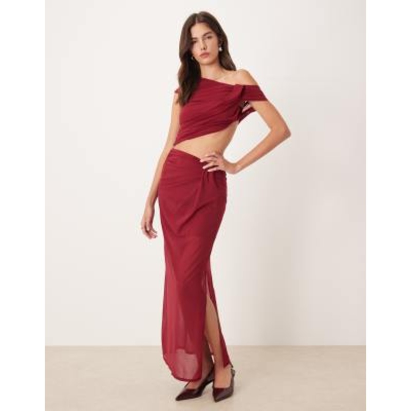 DESIGN asymmetric draped top and maxi skirt set in red