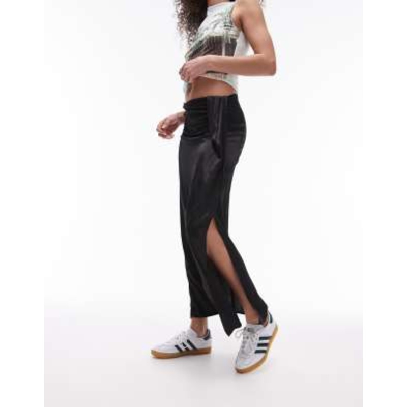 Topshop satin tuck midi skirt in black