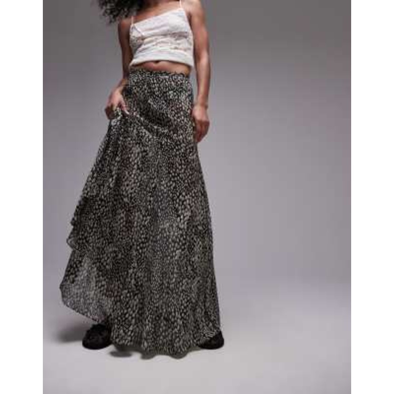 Topshop semi sheer godet maxi skirt in black and white animal geo print