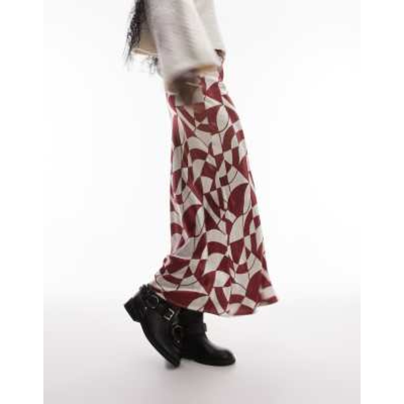 Topshop Tall satin bias maxi skirt in red geo print