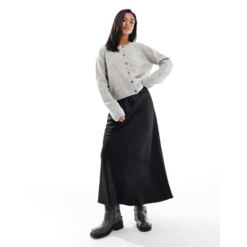 Vero Moda Petite satin bias midi skirt in black