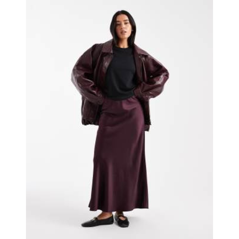Vero Moda satin bias cut midi skirt in burgundy