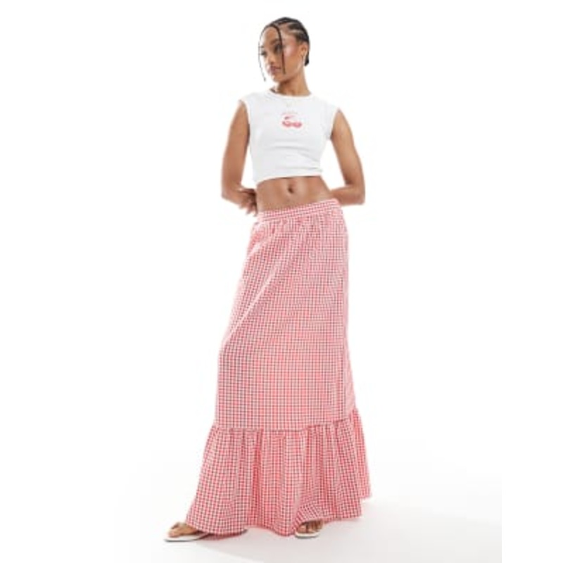 Vero Moda Tall tiered hem maxi skirt in red gingham print