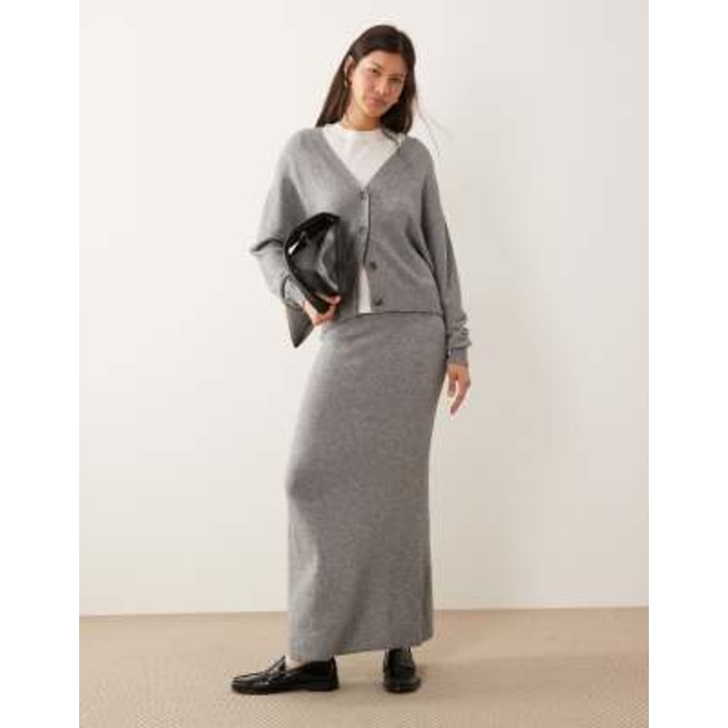 Vila knit cardigan and maxi skirt set in heather gray