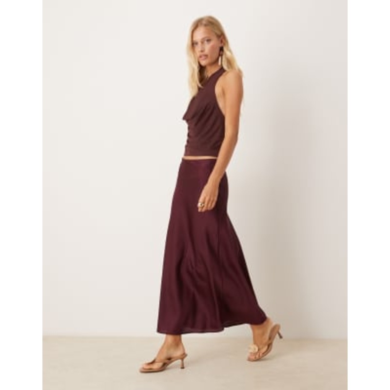 VILA satin maxi skirt in burgundy