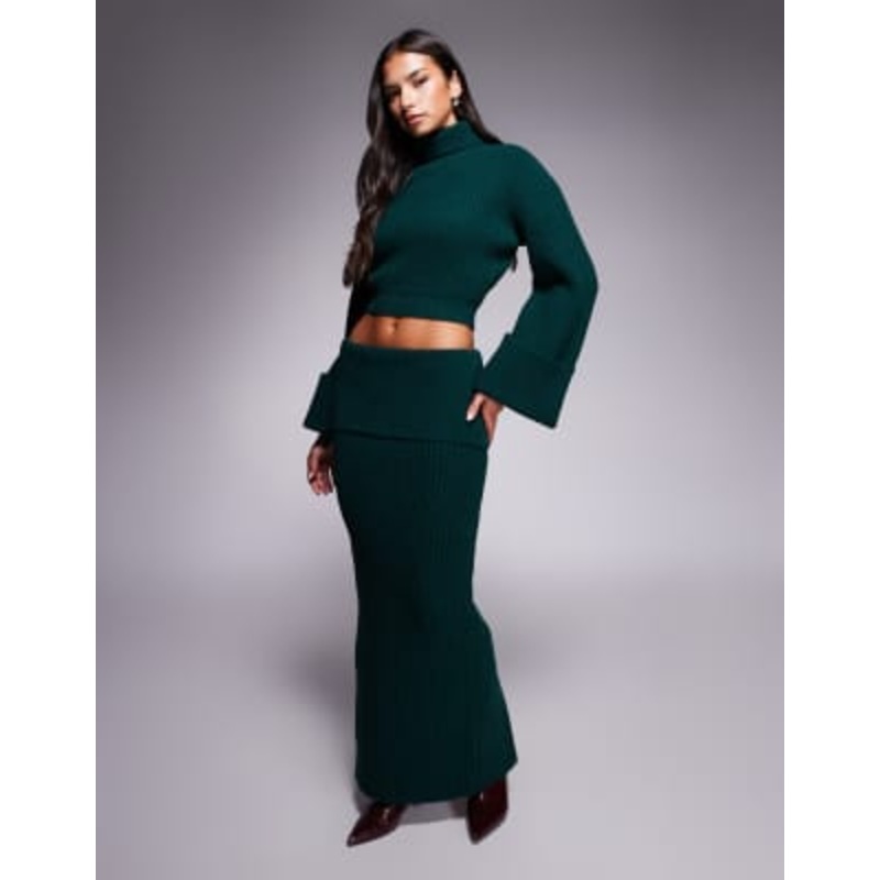 Wanderdoll exclusive Mabel turtle neck wide foldover sleeves cropped sweater and maxi skirt set in forest green