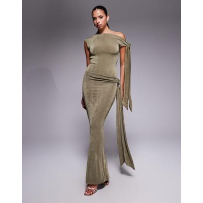 Wanderdoll Noa premium textured slinky drape off the shoulder tie detail bodysuit and maxi skirt set in khaki