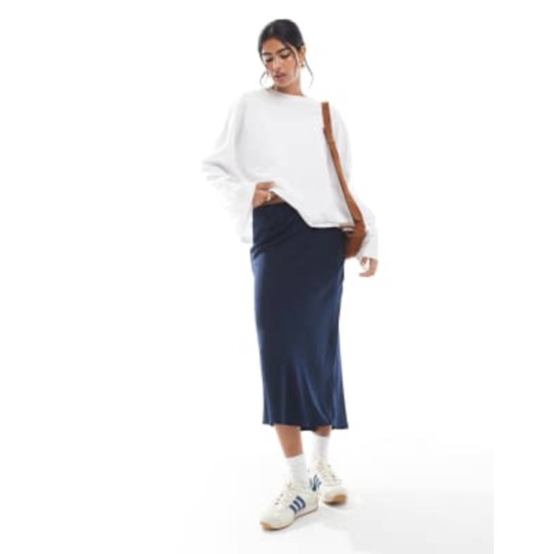 Wednesday’s Girl bias cut satin midi skirt in navy