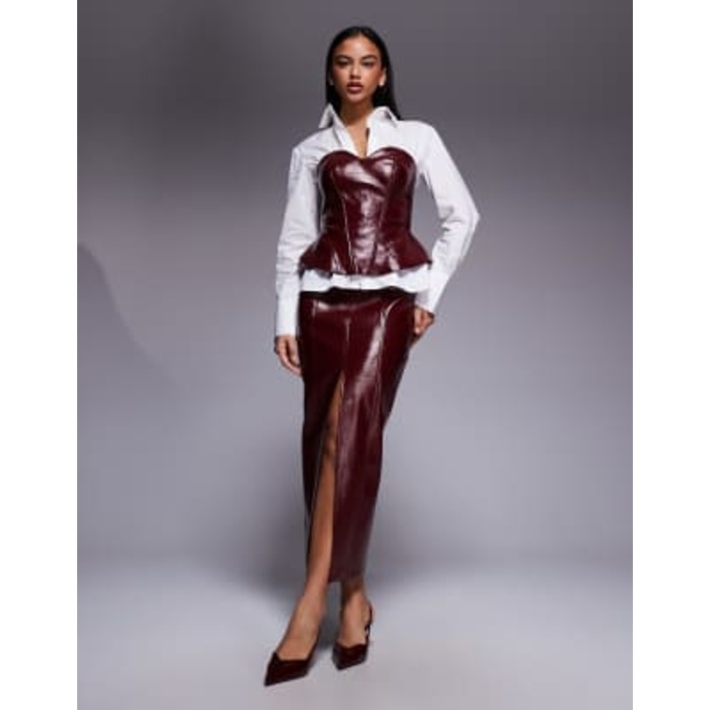 x THE SOURCED COLLECTION sculpted bandeau top and skirt set in burgundy