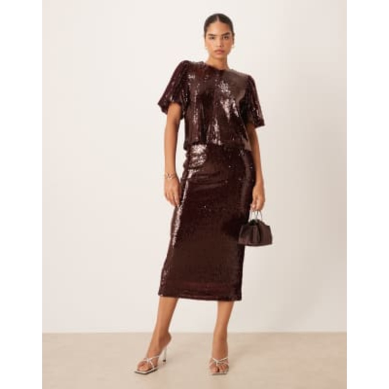 YAS premium sequin midi skirt in burgundy – part of a set