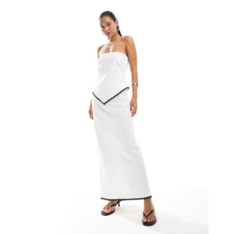 4th & Reckless linen look cotton contrast rick rack trim maxi skirt in white – part of a set