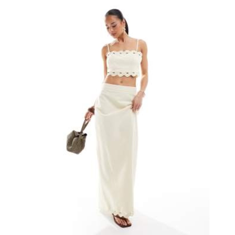 4th & Reckless linen-look scallop trim top and maxi skirt set in buttercream