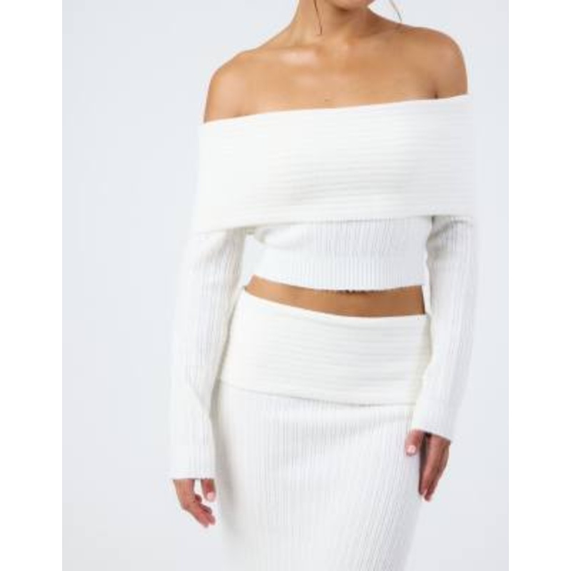 Aria Cove knit bardot fold-over sweater and low waist maxi skirt set in cream
