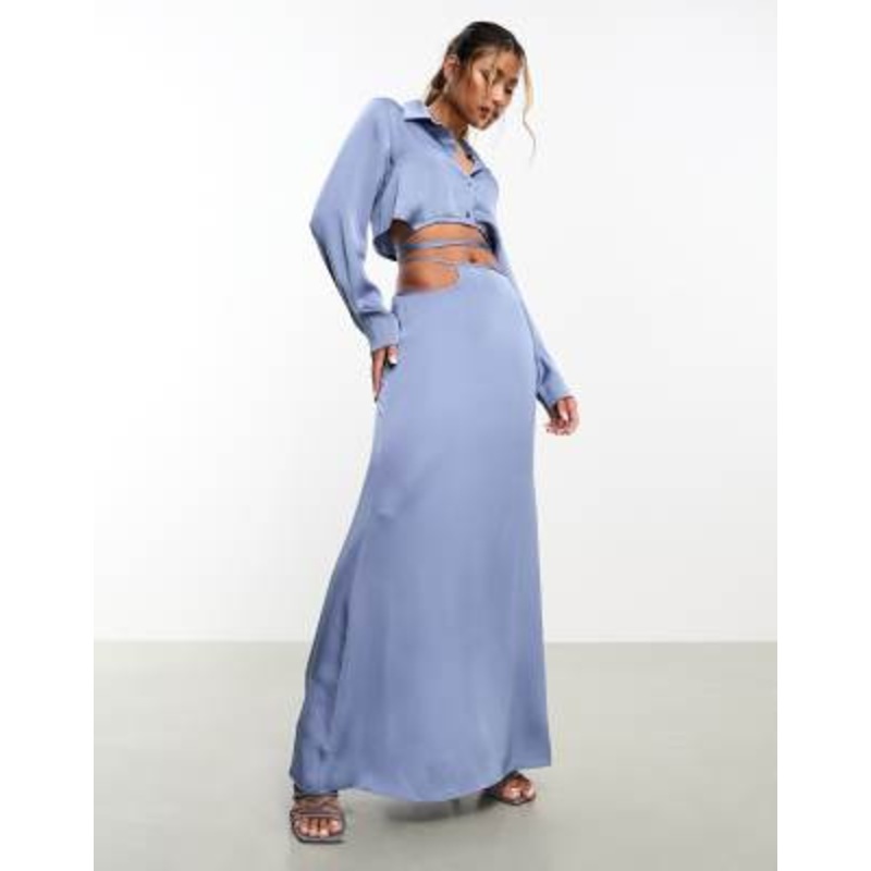 Aria Cove satin open tie side maxi skirt in blue – part of a set