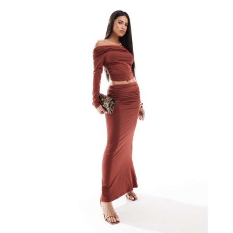 Aria Cove slinky ruched column maxi skirt in rust – part of a set