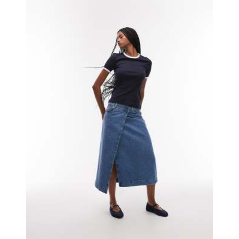 ARKET denim midi wrap skirt in mid wash blue