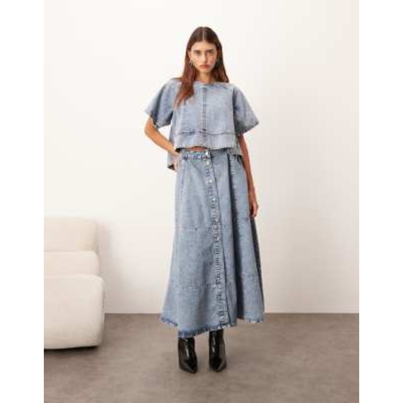ARRANGE short sleeve seam detail top and denim button through midi skirt in mid blue wash