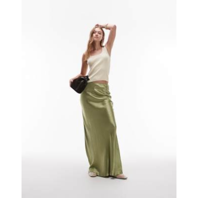 Topshop satin bias maxi skirt in olive