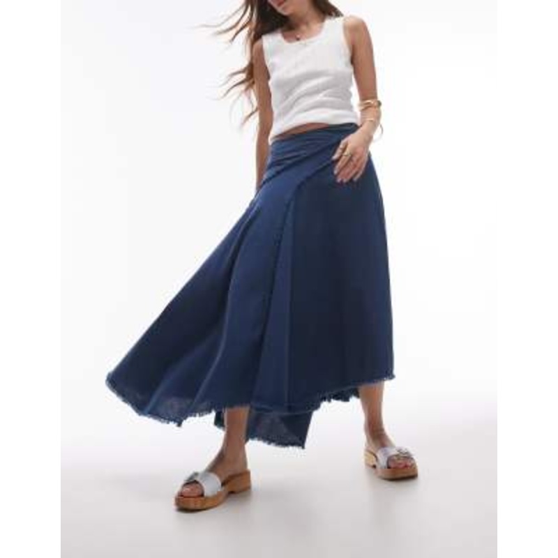 Topshop washed raw seam disjointed asymmetric skirt in blue