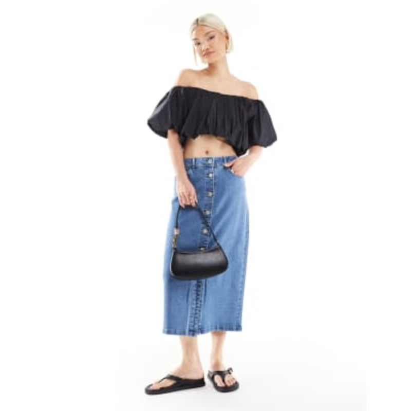 Vero Moda button front midi denim skirt in light blue wash