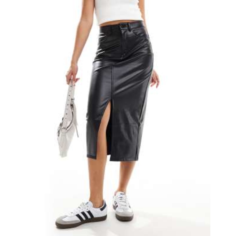 Vero Moda high waisted faux leather midi skirt in black