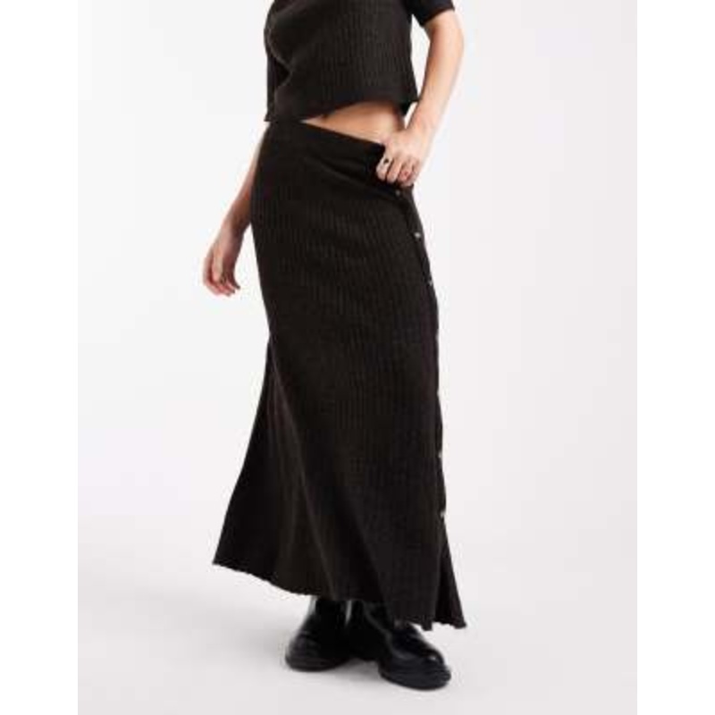 Vero Moda ribbed knit button side midi skirt in chocolate melange – part of a set