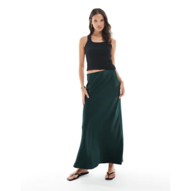 Vero Moda satin bias cut midi skirt in emerald green