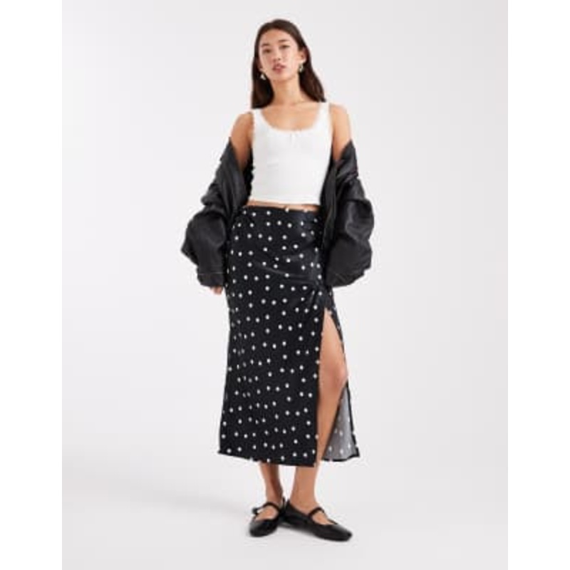 Vero Moda satin thigh split midi skirt in black polka dot