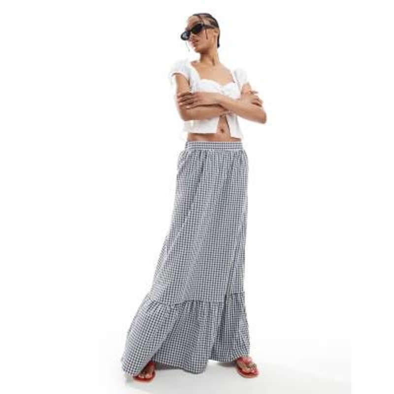 Vero Moda Tall tiered hem maxi skirt in black gingham print